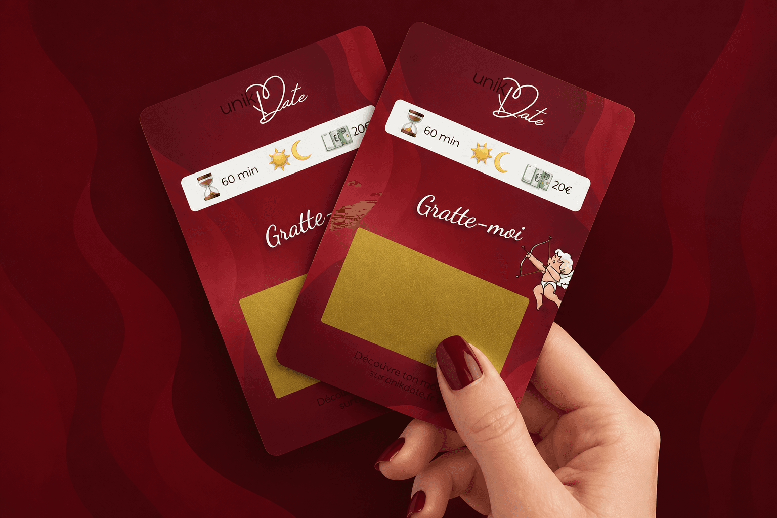 Deux cartes à gratter UNIKDATE tenues à la main
