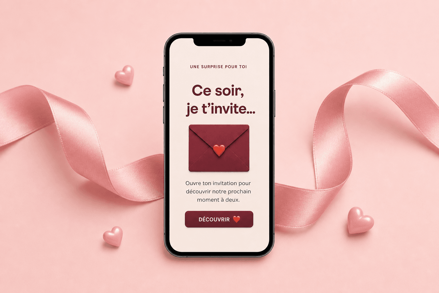 Une invitation romantique affichée sur un téléphone