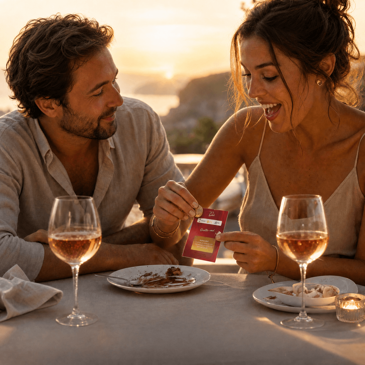 Un couple découvre une carte UNIKDATE lors d’un dîner